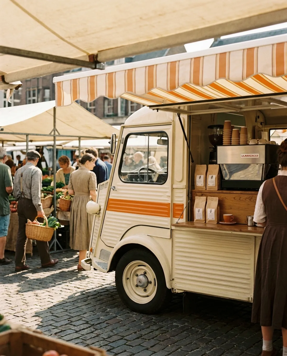 The Clementine van, side hatch open onto a small espresso bar, parked in morning market light.