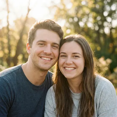 Jess and Ryan, outdoors at golden hour.
