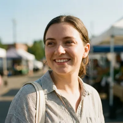 Sofia, with a canvas market tote on her shoulder.