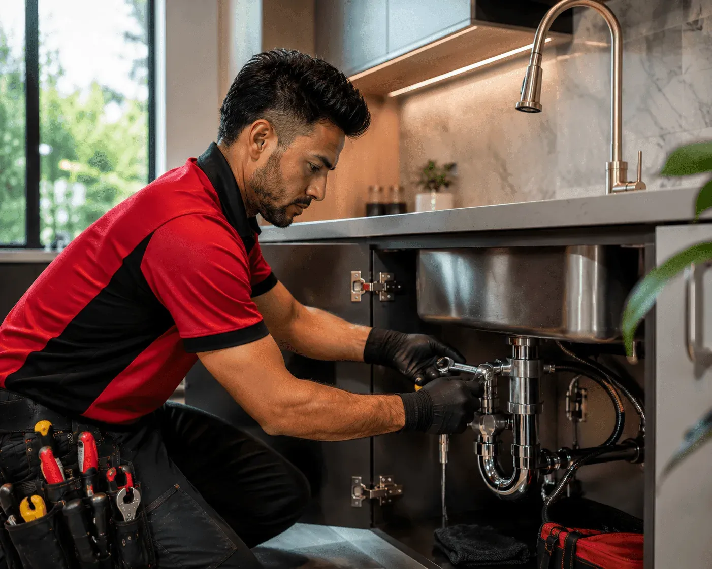 Plumber working under a kitchen sink