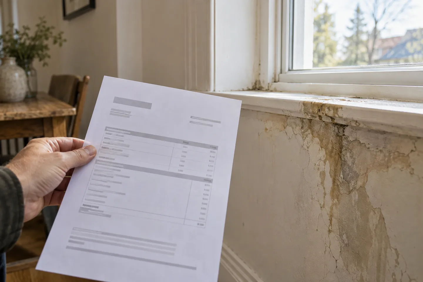 An estimate held beside a water-stained window reveal
