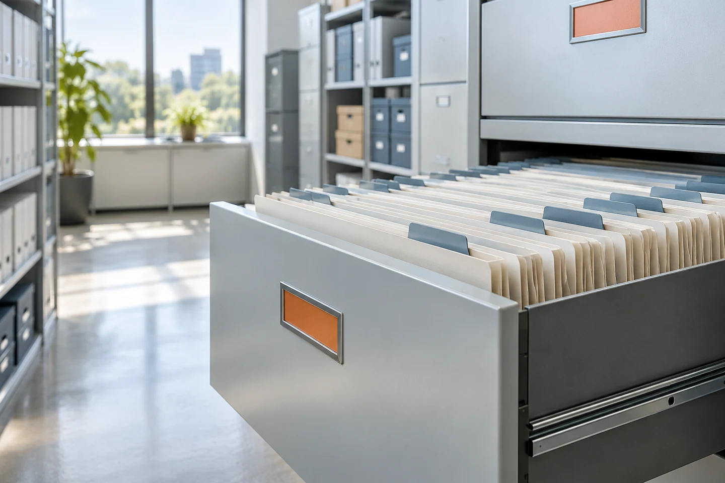Upright folders in an open archive drawer