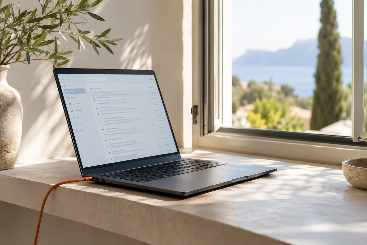 An email interface on a laptop beside a bright window