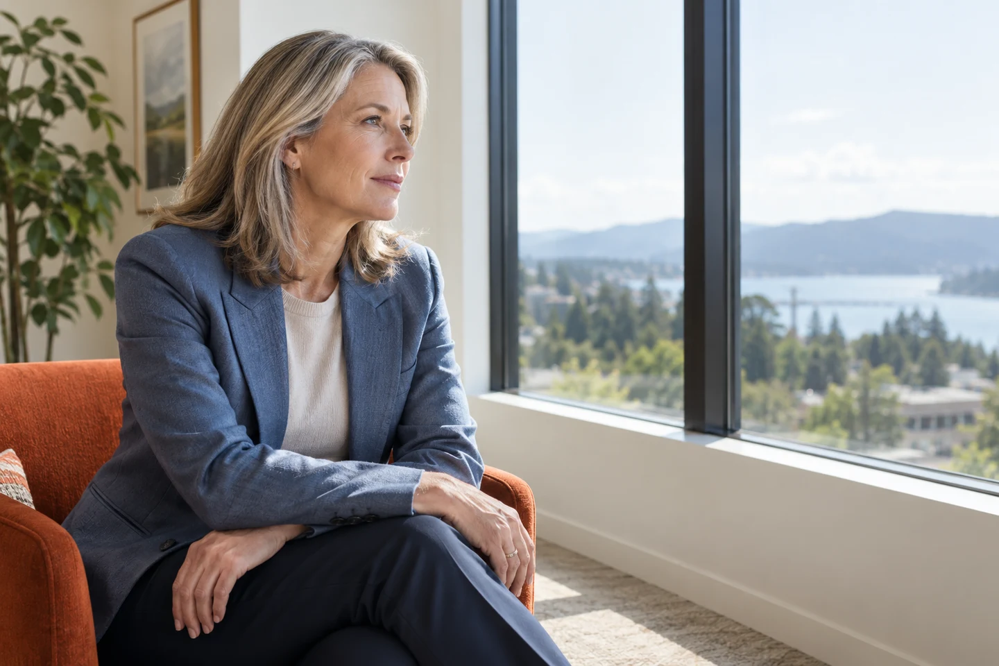 A single listener seen in profile in a bright office