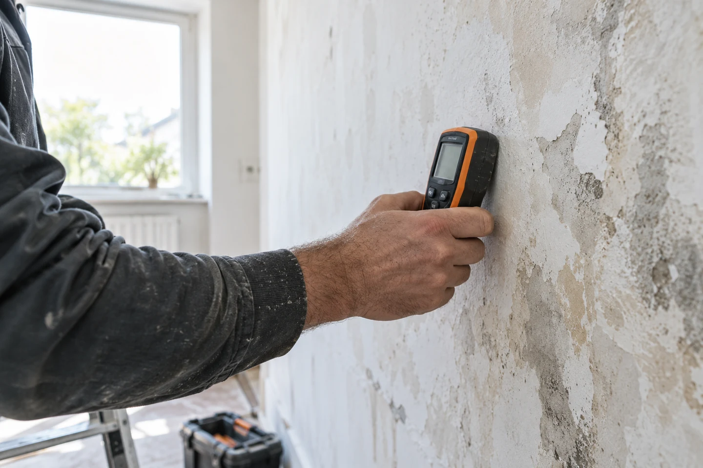 A hand holding a moisture meter against damaged plaster