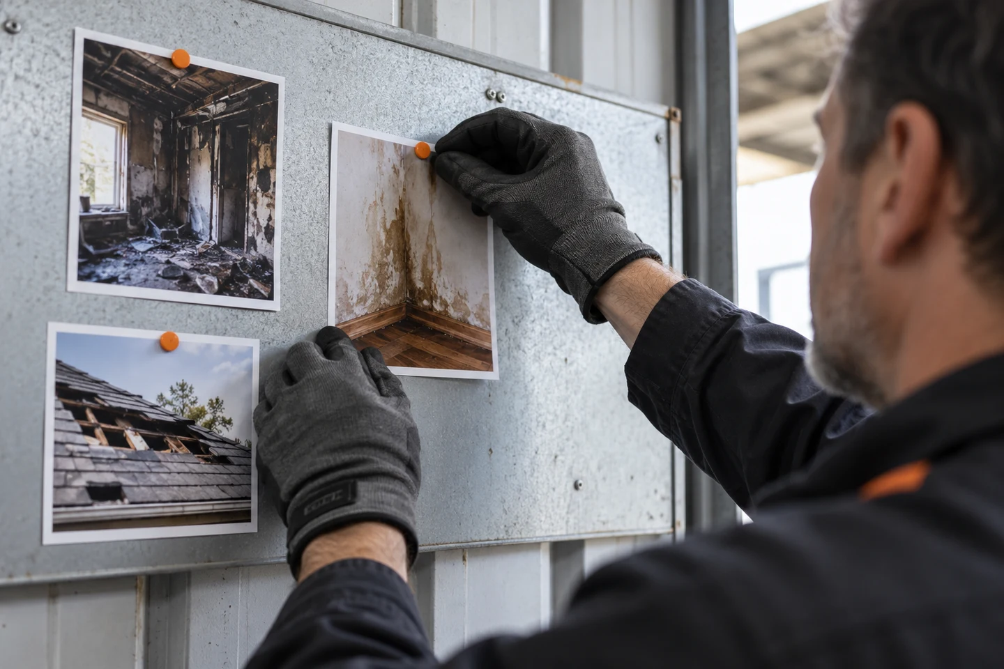 Hands sorting damage photographs on an inspection bench