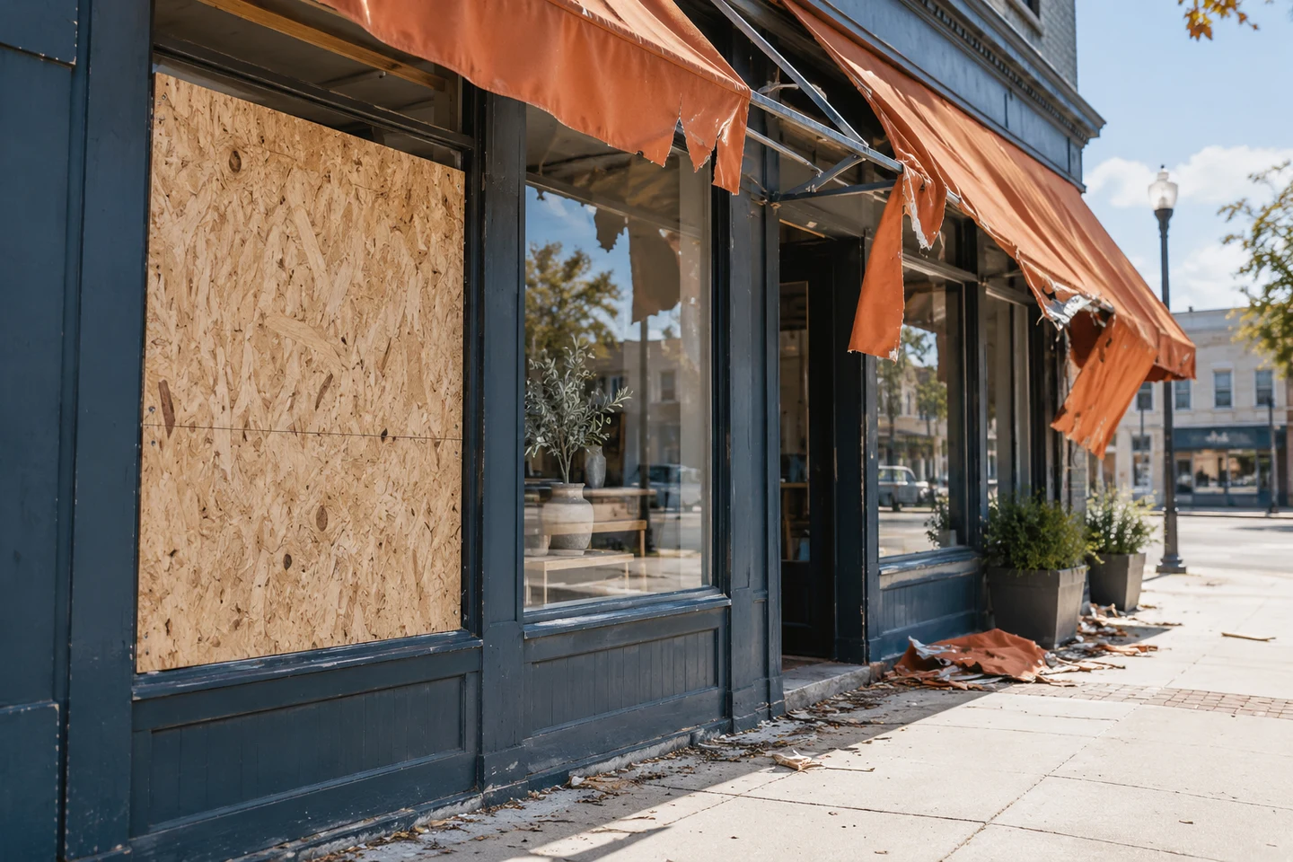 An exterior view of a storm-damaged shopfront in daylight