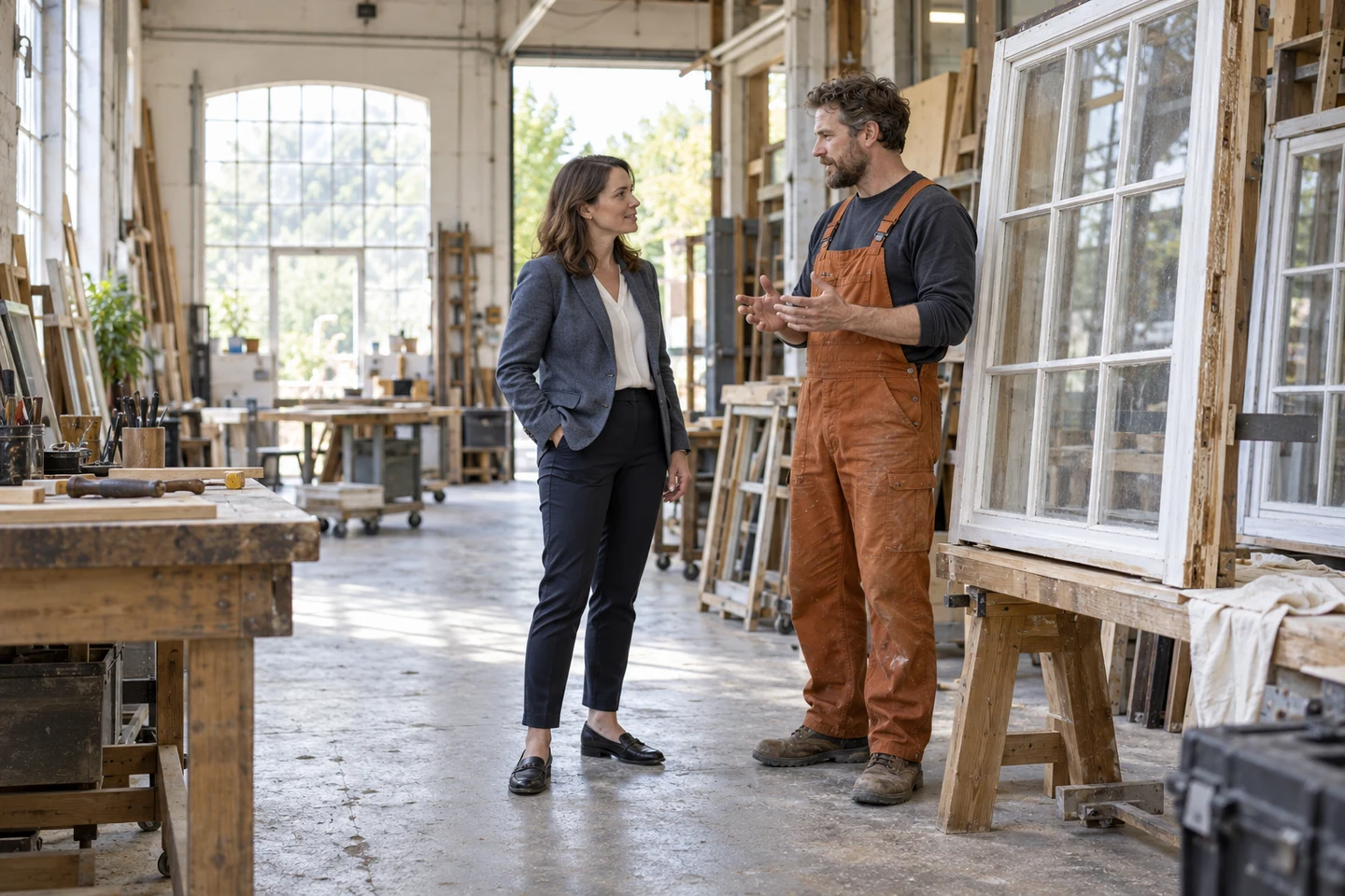 A standing conversation in a repair workshop