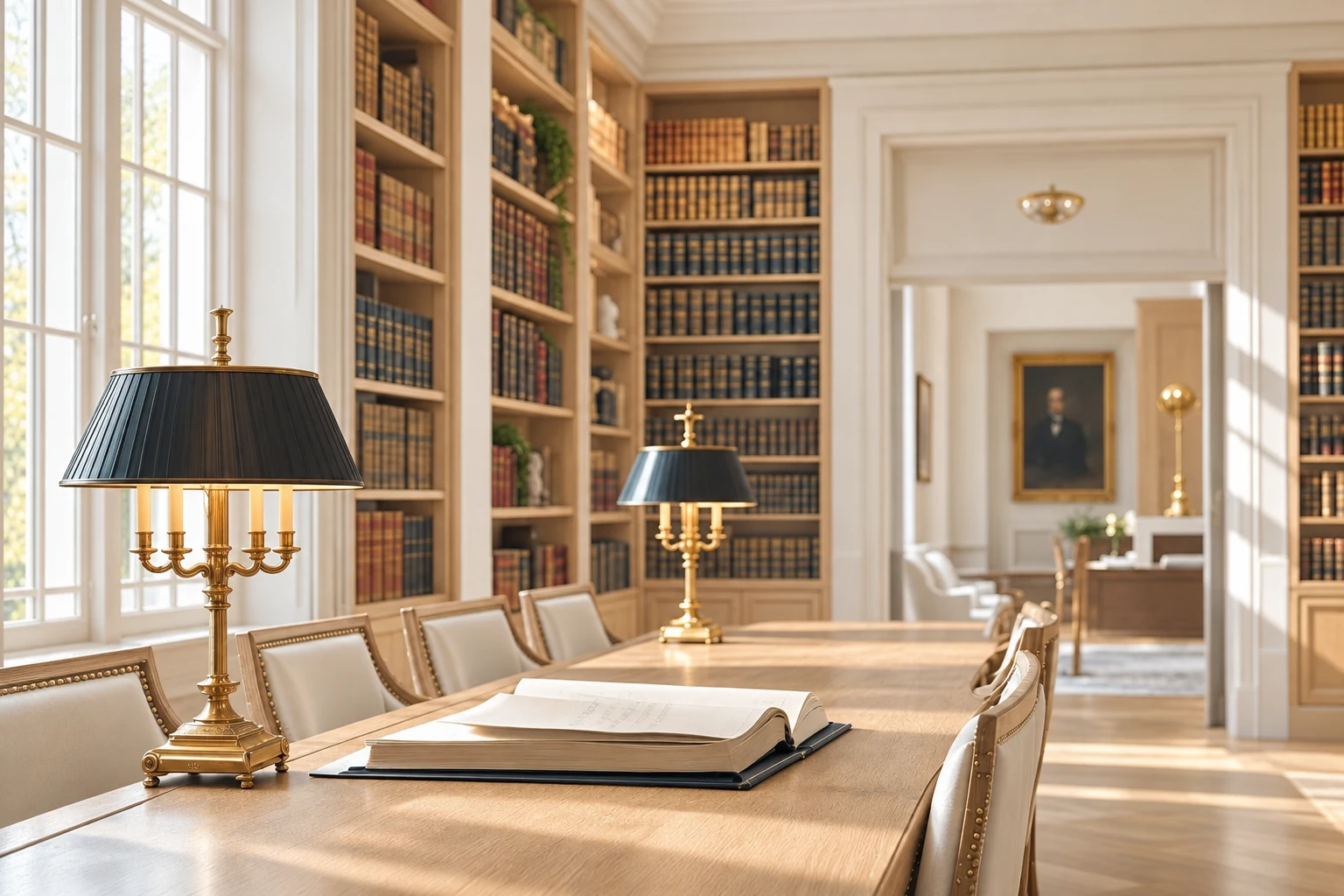 Spacious daylit law library with pale oak shelves, books and brass reading lamps