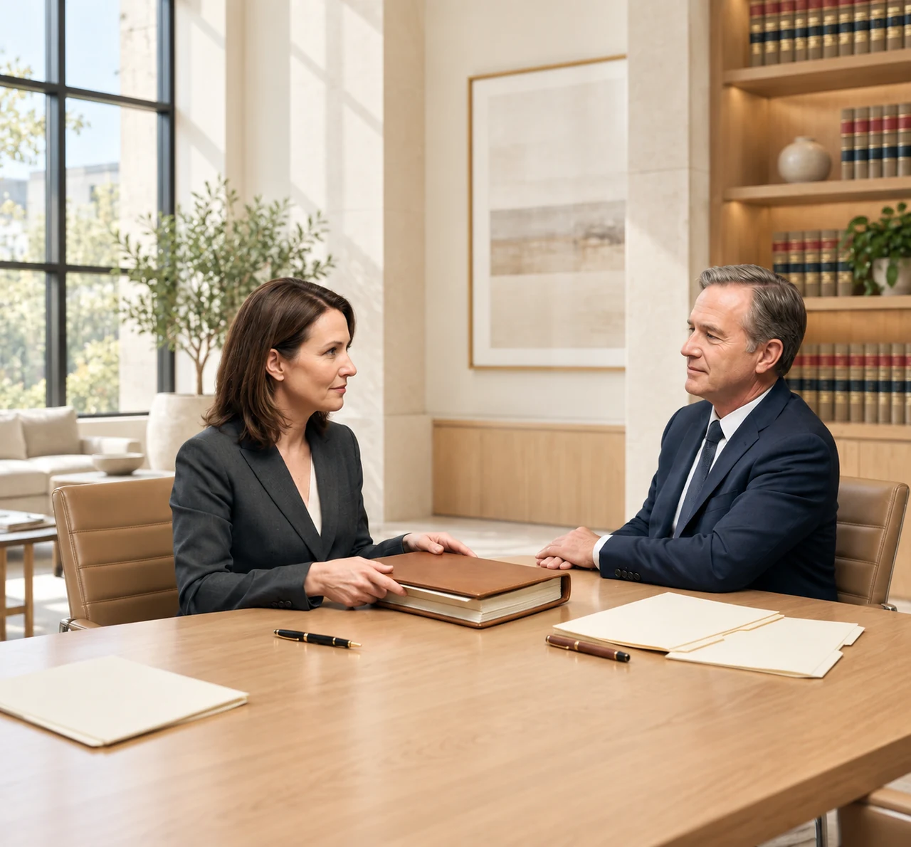 Two counsel reviewing a deal folder across a light oak table in a bright conference room