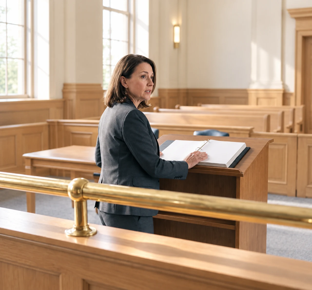 Lead counsel addressing a hearing room from the lectern