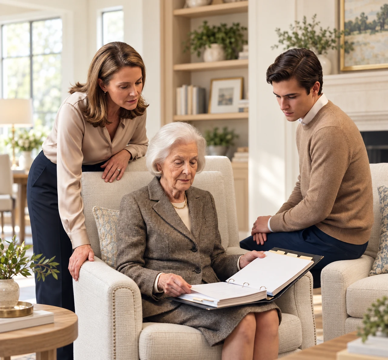 Three generations reviewing an estate binder in a daylit consultation lounge
