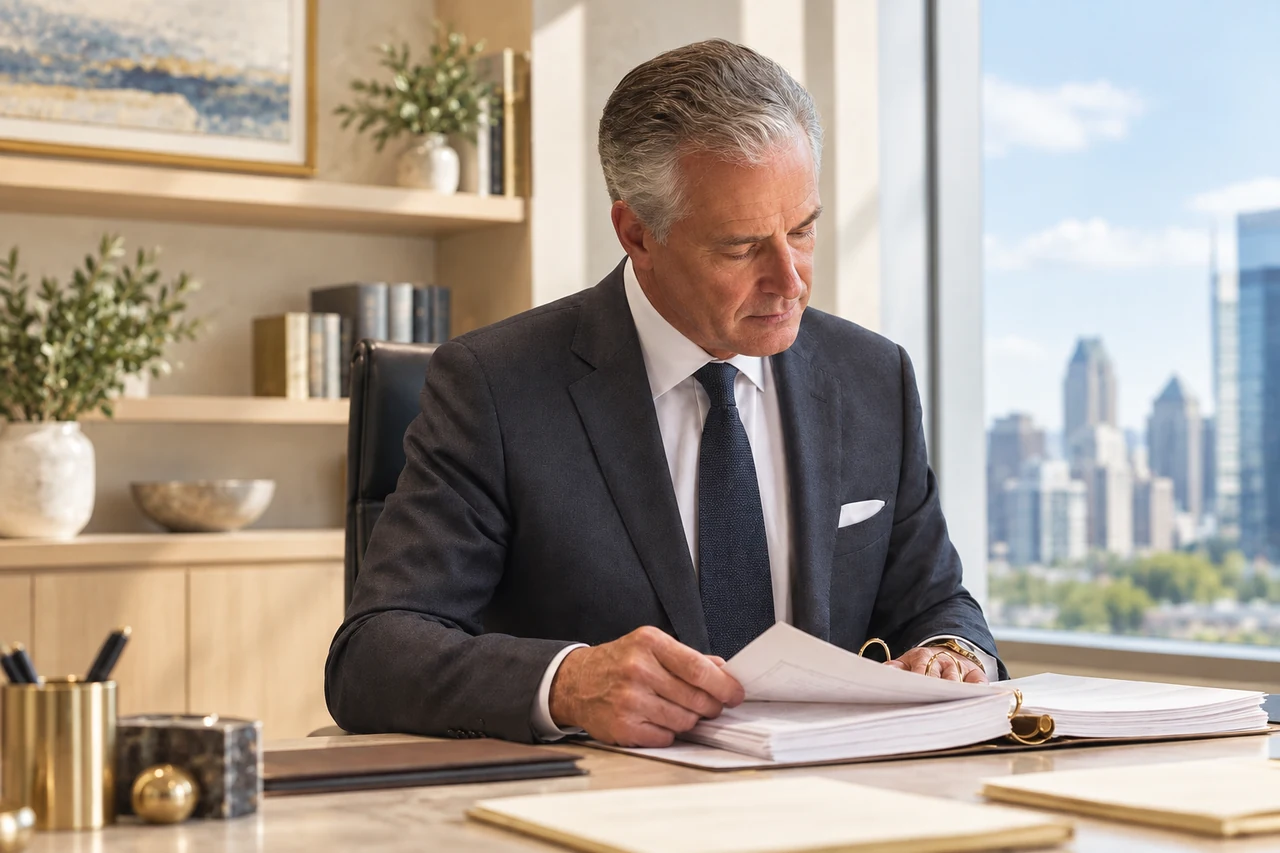 Senior attorney studying a policy binder beside a tall window in daylight