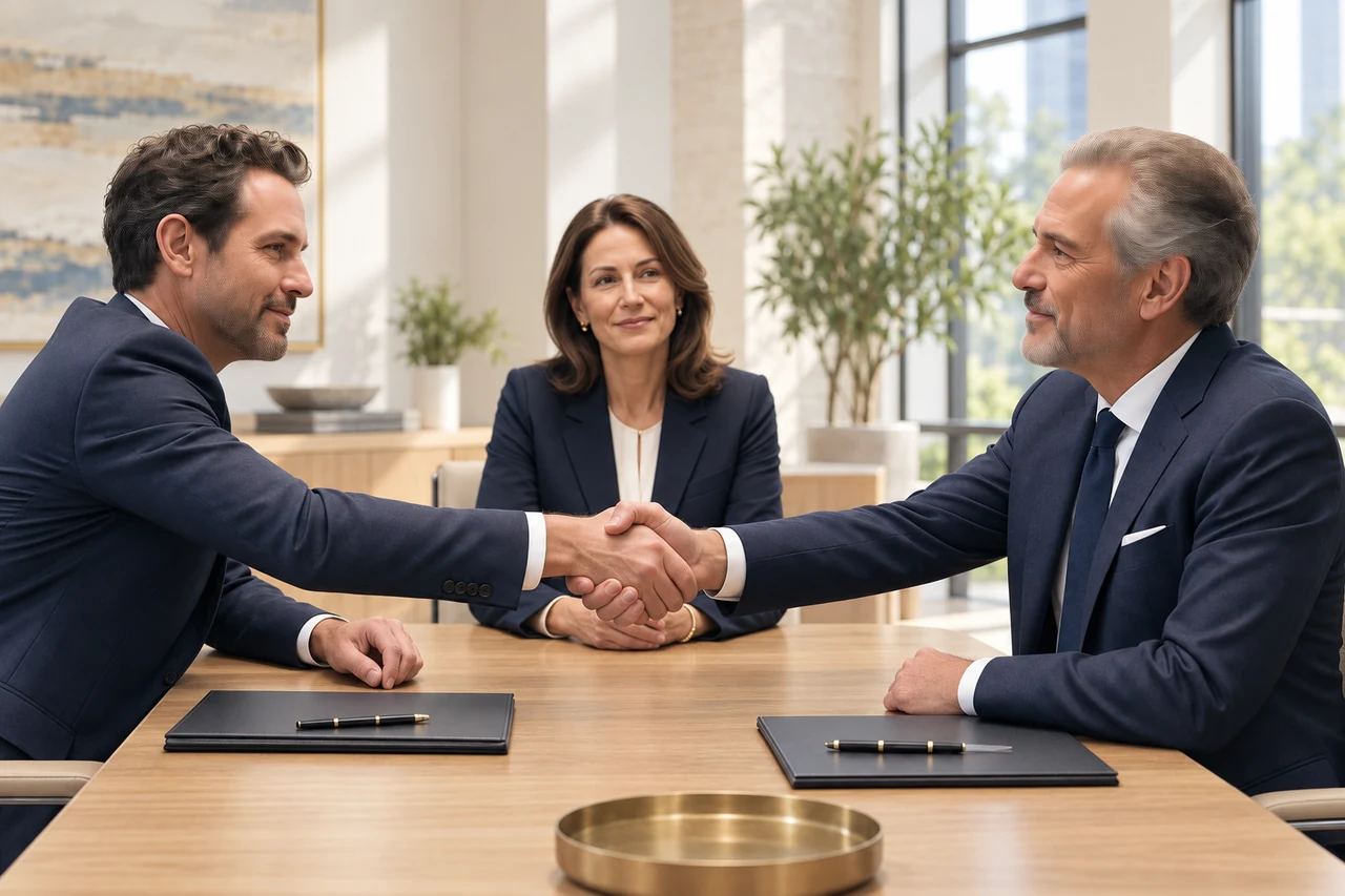 Two business partners shaking hands across a mediation table