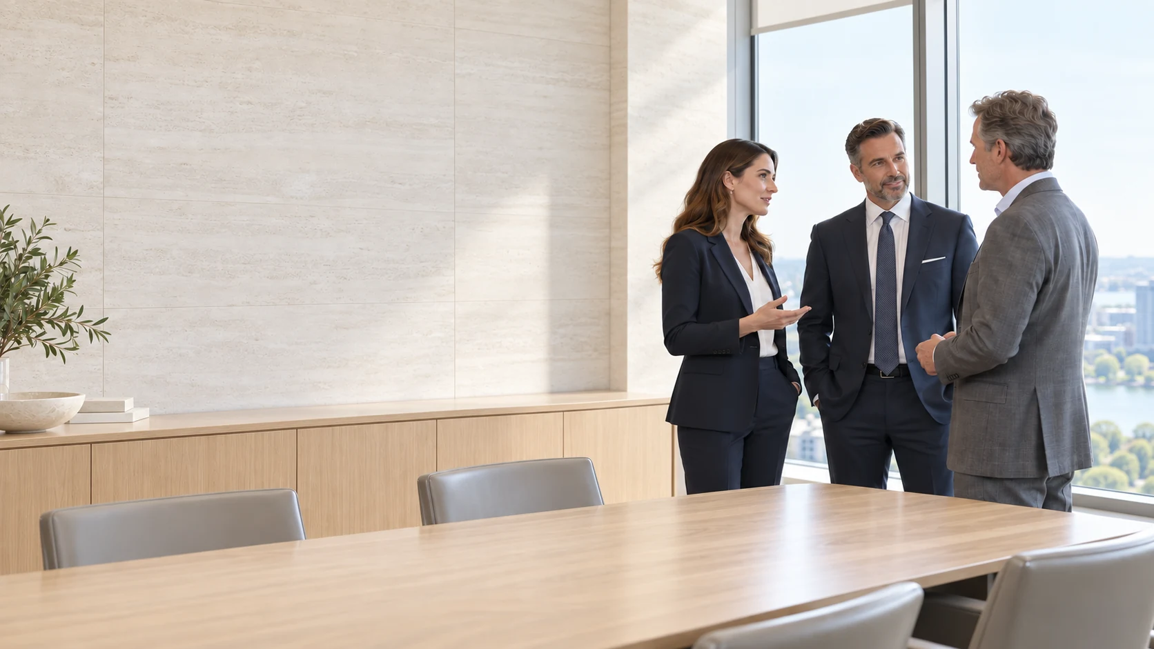 Two lawyers standing and speaking with a client in a bright conference room