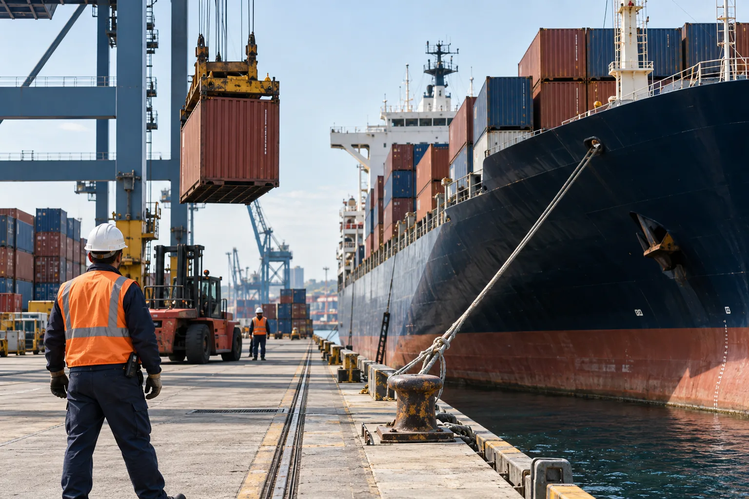 A dockside worker beside a cargo vessel.