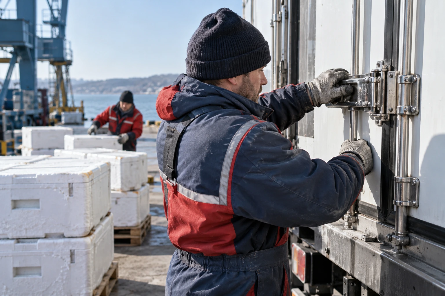 Cargo equipment at work beside a refrigerated container.