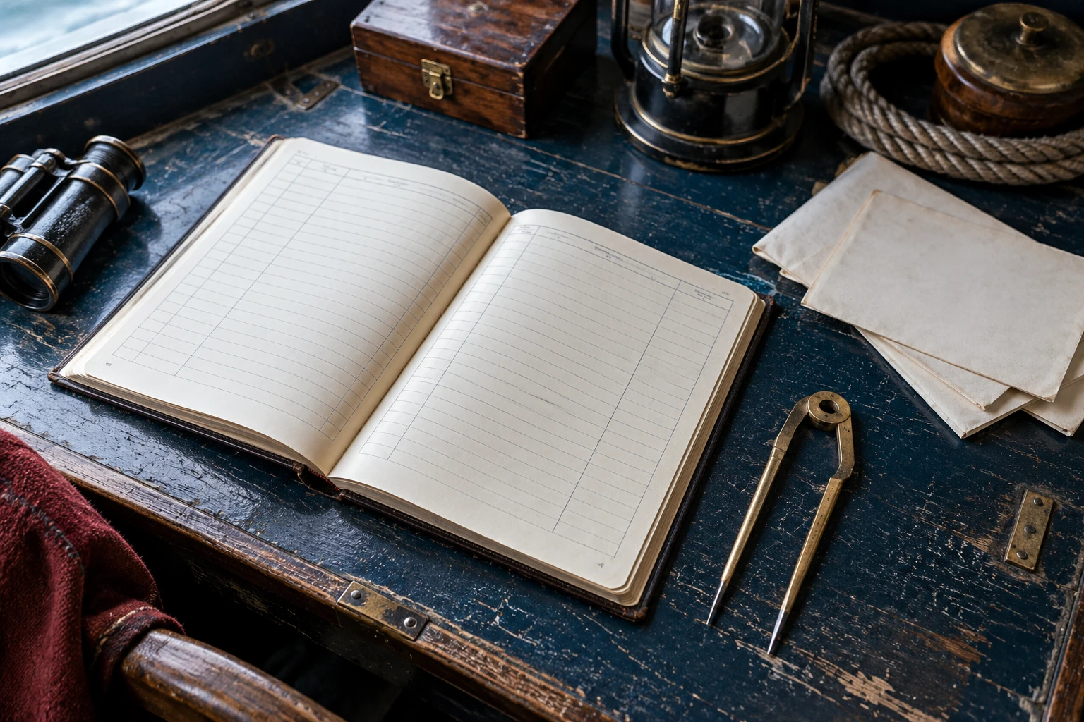 A ship logbook, divider and plain correspondence arranged on a blue-grey desk.