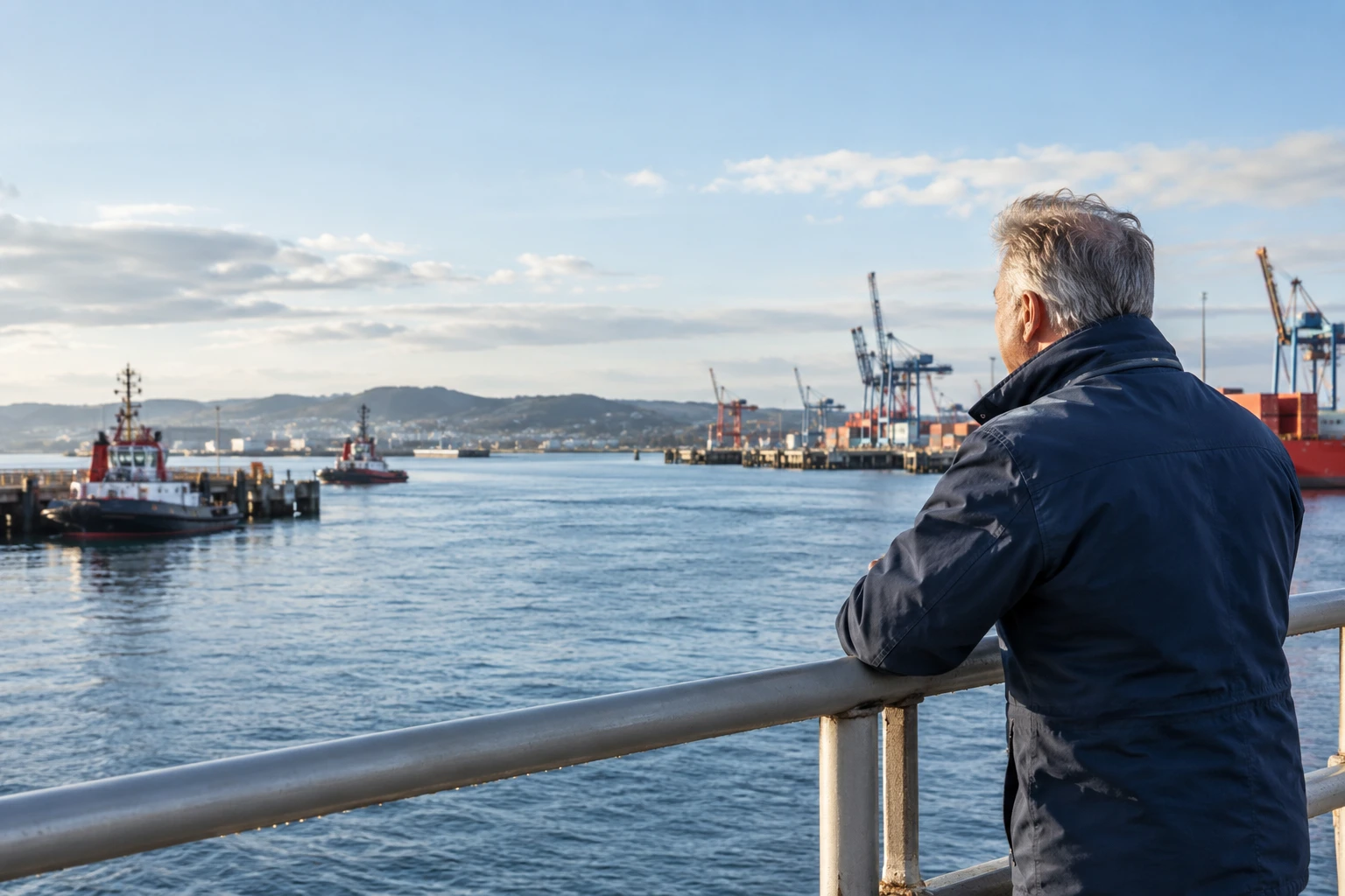 A port manager standing alone at an outdoor railing, looking across a working harbor.