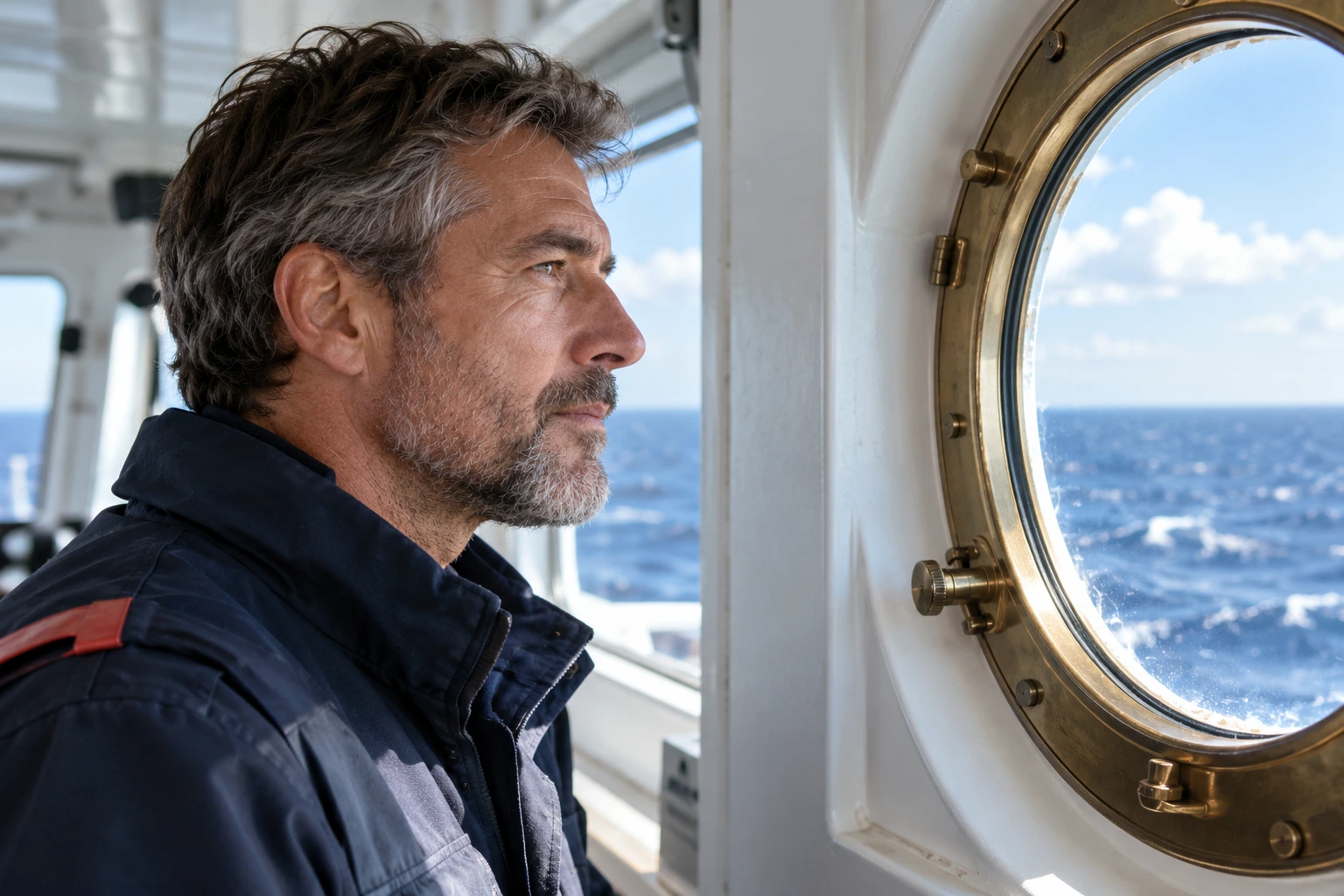 A maritime operator in profile beside a round vessel porthole.