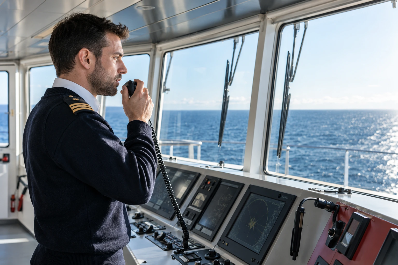 An operator using a radio on a vessel bridge.