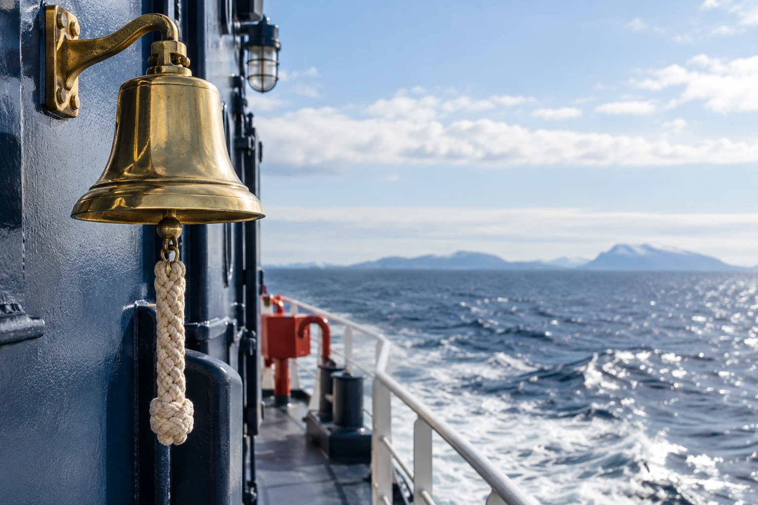 A brass ship bell and ringing rope on a working vessel.