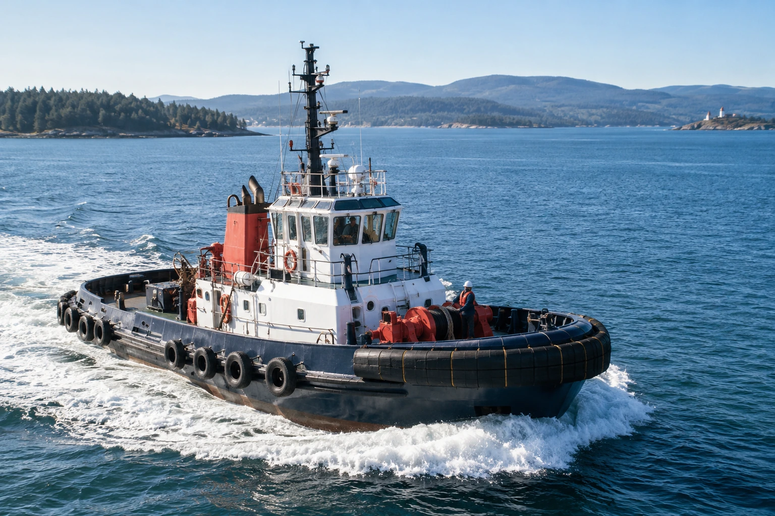 A tug leaving a white wake across blue harbor water.