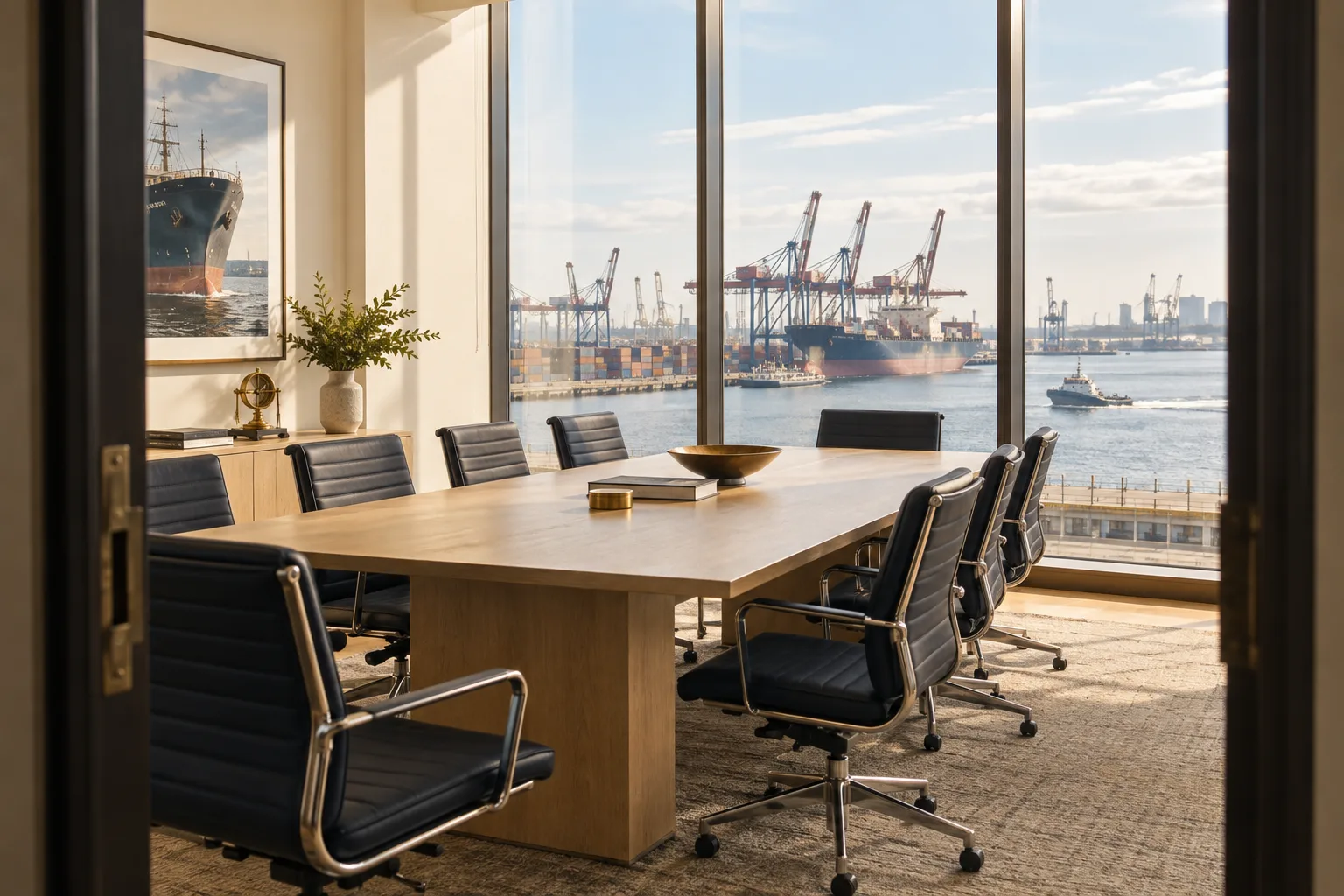 An empty meeting room looking over a working harbor.
