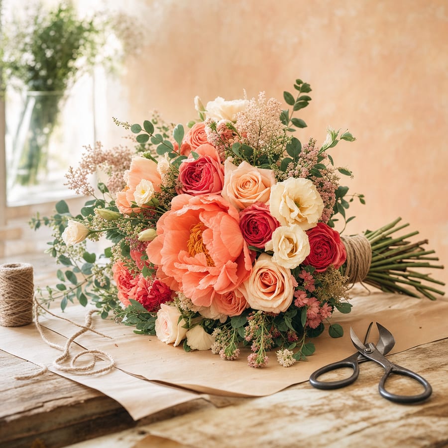 A hand-tied bouquet on kraft paper beside twine and shears