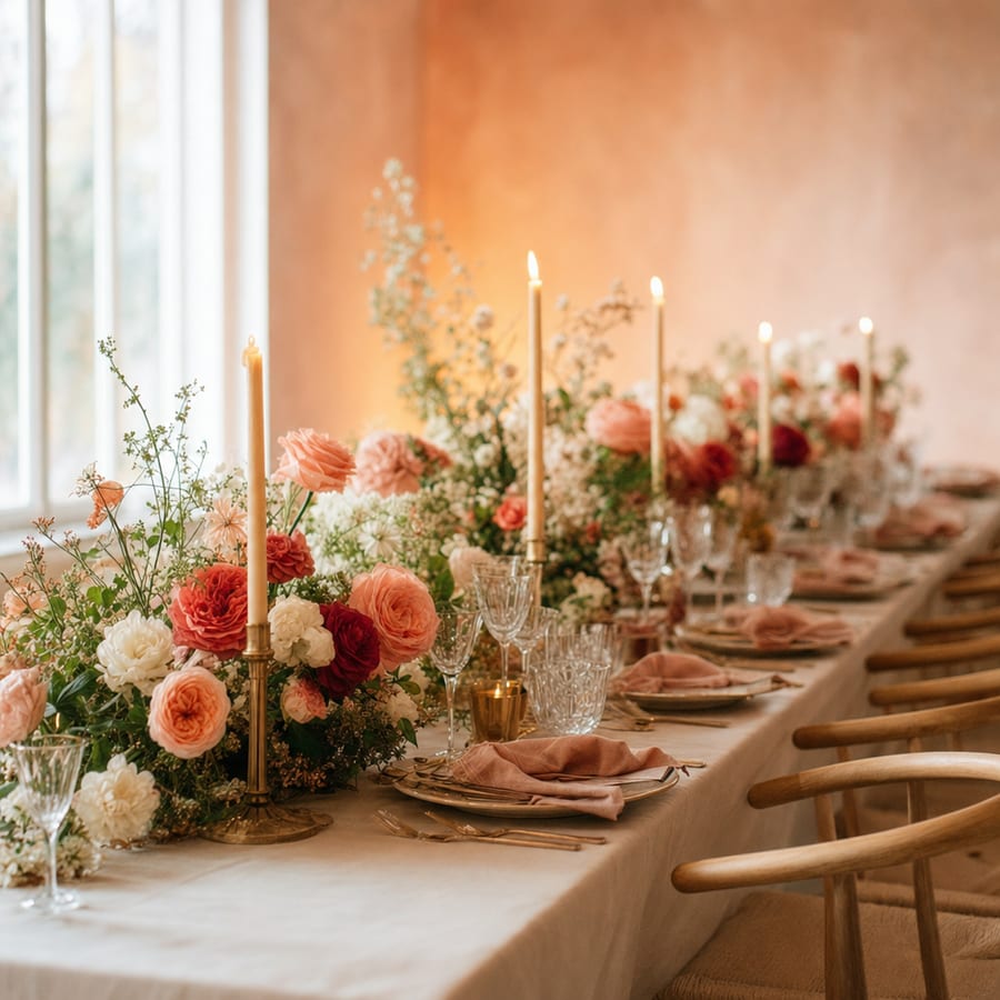 A long candlelit dinner table dressed with floral centerpieces