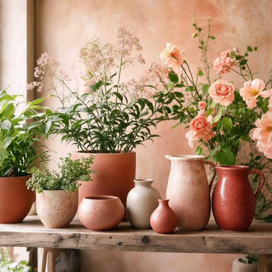 Potted plants and ceramic vessels on a garden-shop shelf