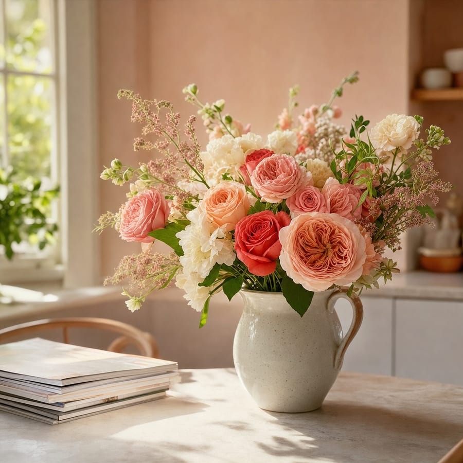 A fresh bouquet in a jug vase on a sunlit kitchen table