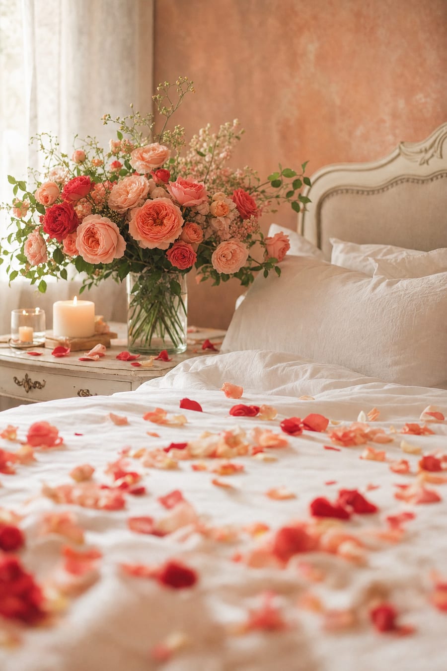 Rose petals on white linen bedding with a coral bouquet and candles