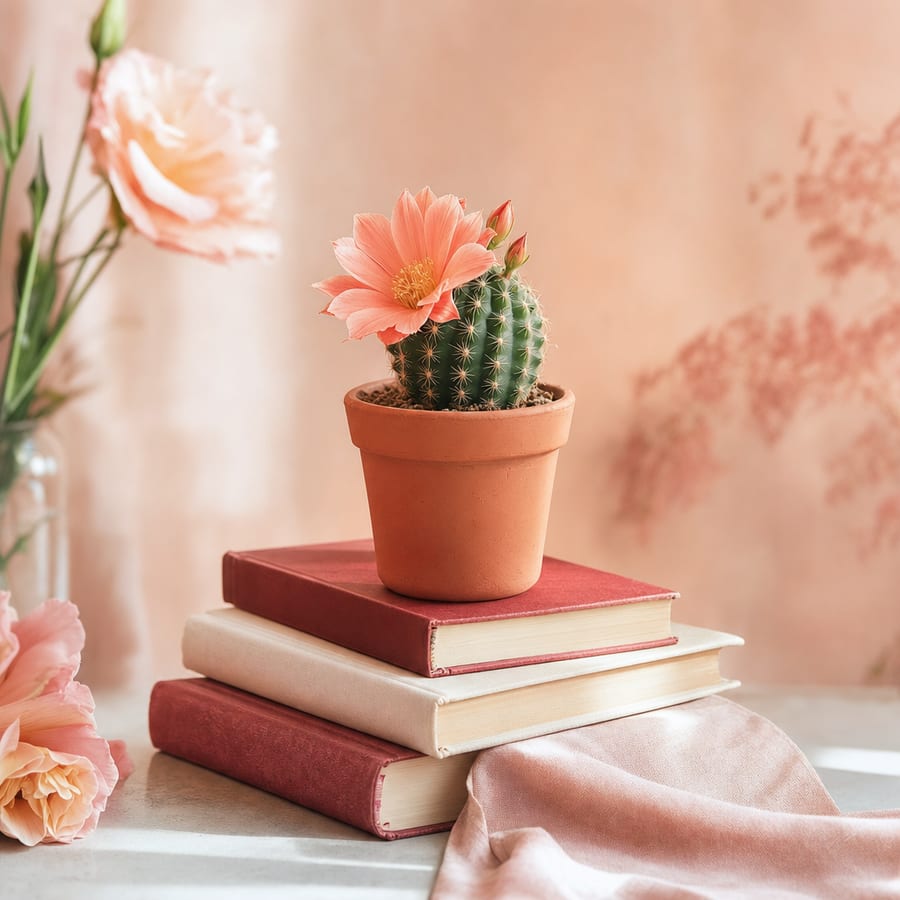 A small flowering desk cactus in a terracotta pot on stacked books