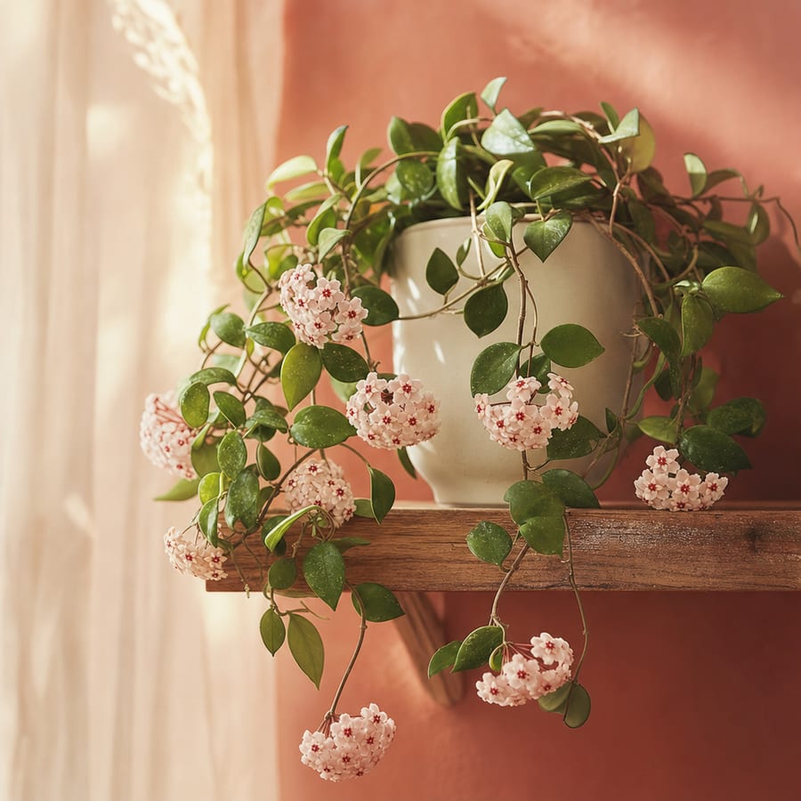 A trailing hoya in a cream ceramic pot on a wooden shelf