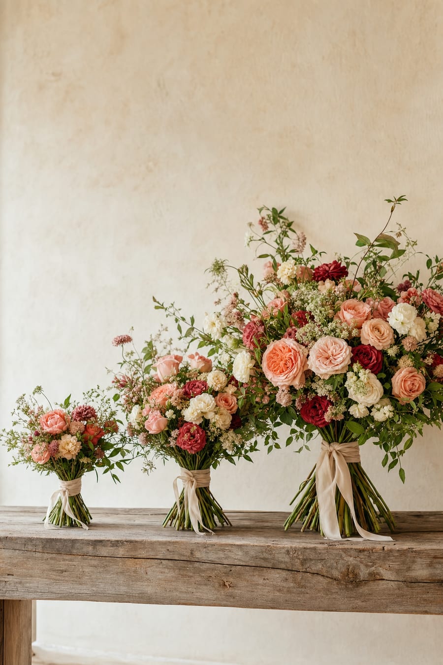 Three hand-tied bouquets in ascending sizes on the bench