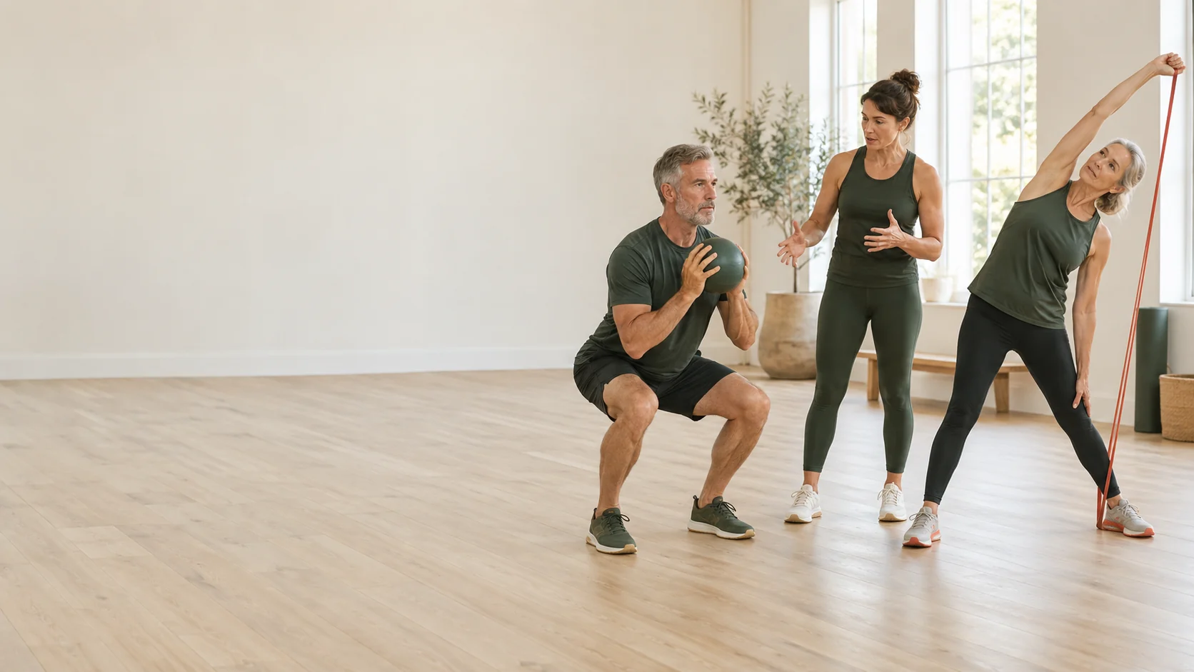 A coach guiding two members through standing resistance exercises in a bright, spacious studio