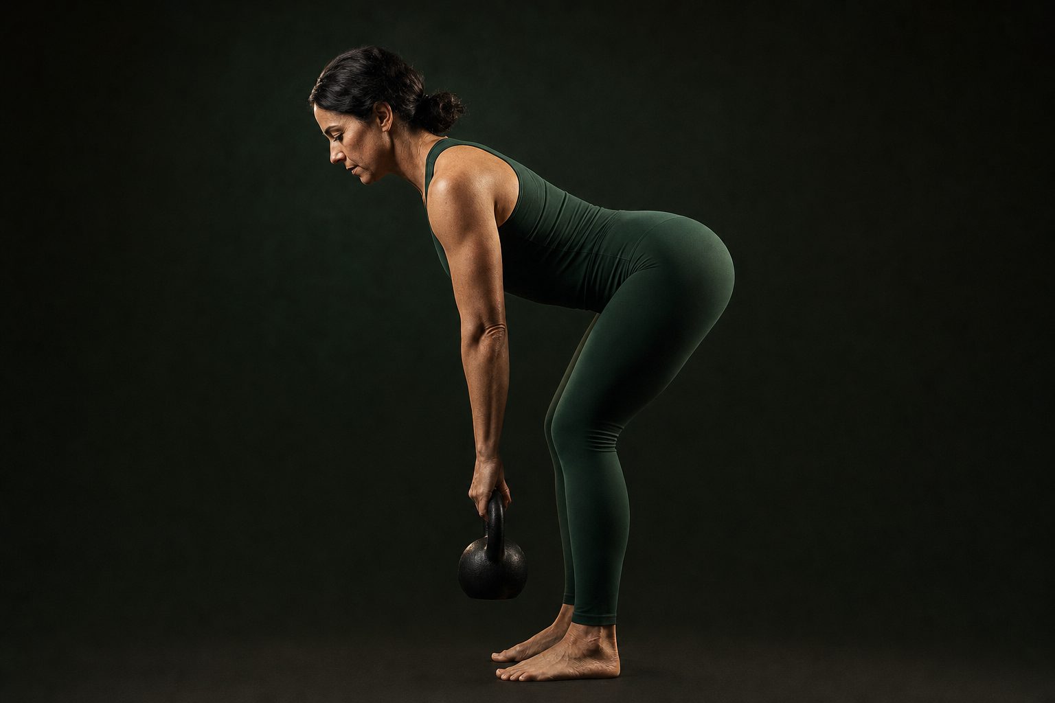 An athlete holding a kettlebell in a controlled hip hinge