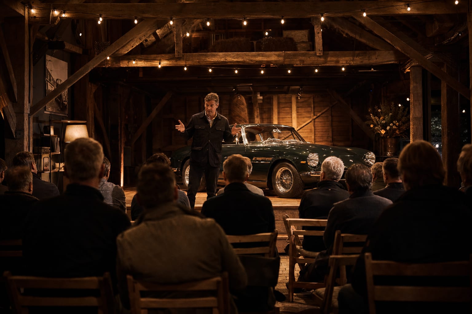 The Barn Find Briefing — a small audience in a restored barn facing a speaker, a classic car on the stage behind him