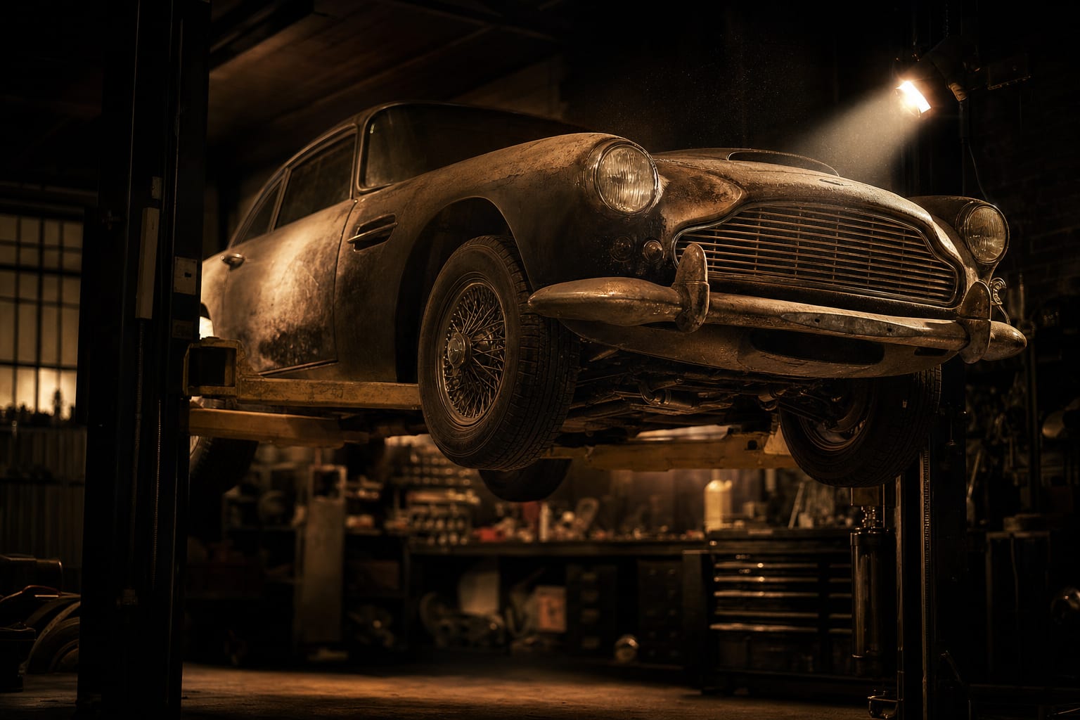 A classic grand tourer raised on a lift under a single inspection lamp