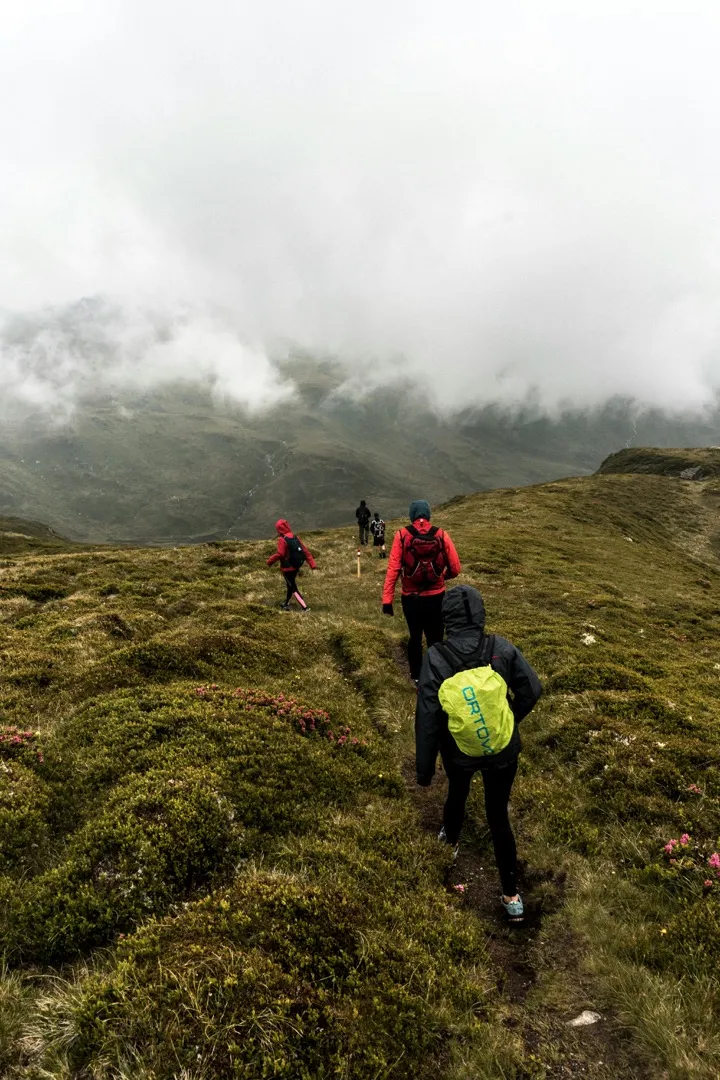 Hikers descending a steep green hillside under low cloud