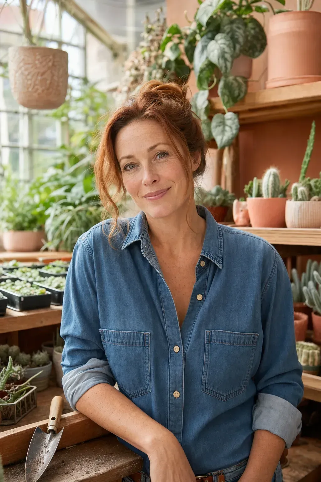 Hollis, co-founder, among the seedling trays in the garden shop