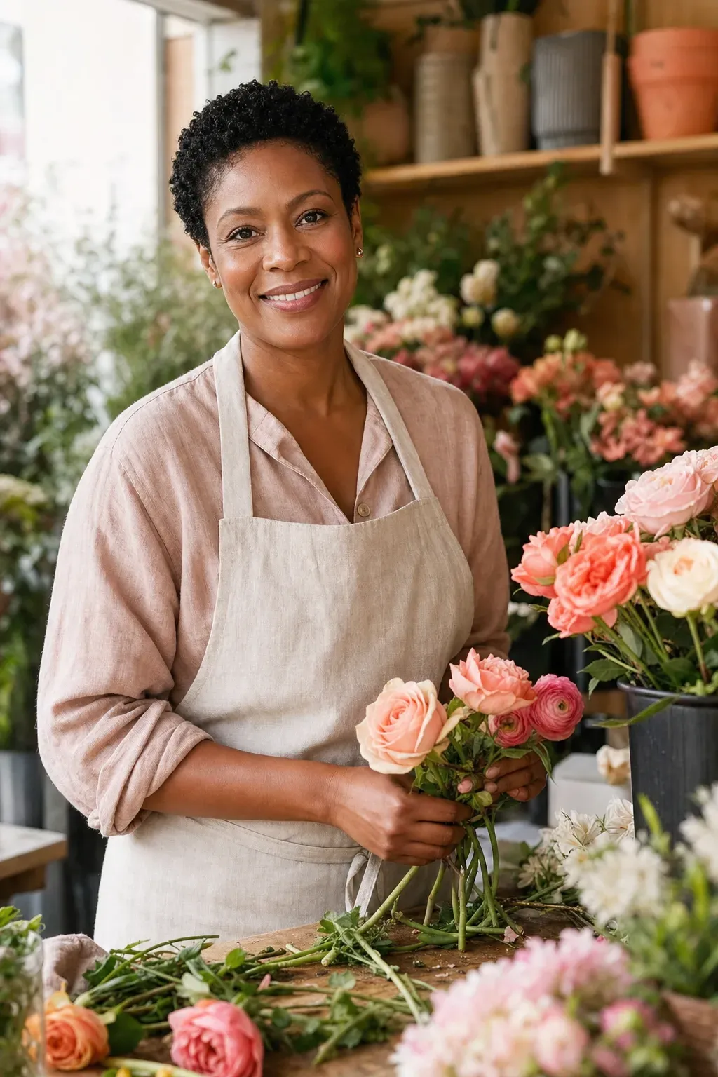 June, co-founder and head florist, holding stems at the bench
