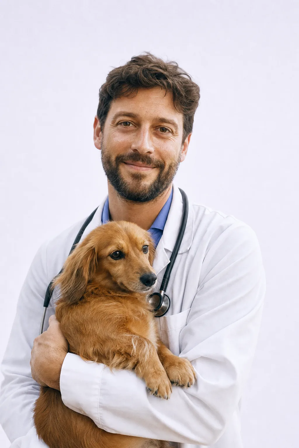 Dr. Sam Reyes in a white coat, relaxed and approachable.