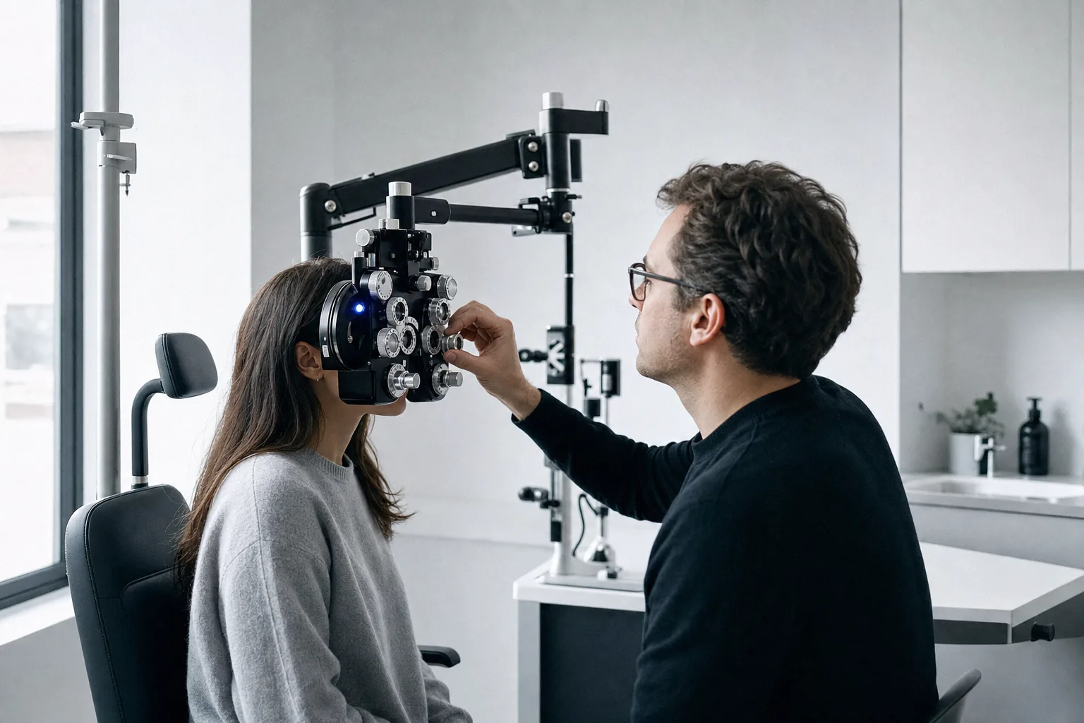 An eye exam in progress in a clean, quiet exam room.