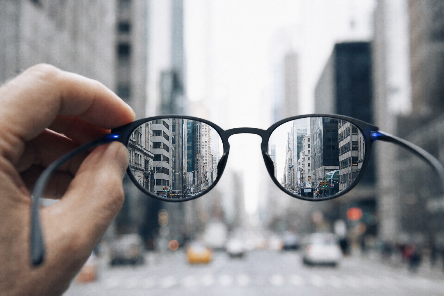 A hand holding eyeglasses up to the city; the scene is sharp only through the lenses.