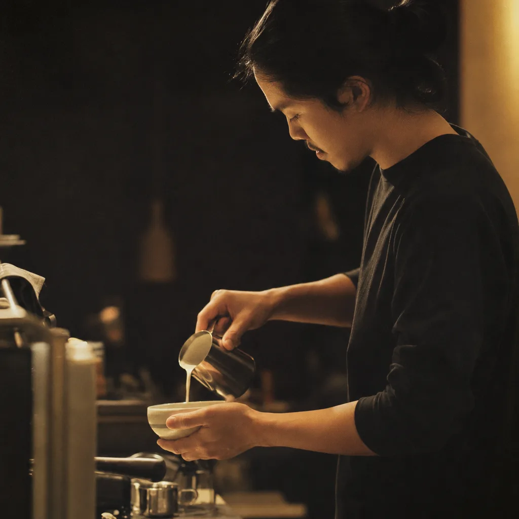 Teo pouring a cup with both hands, slow and deliberate.