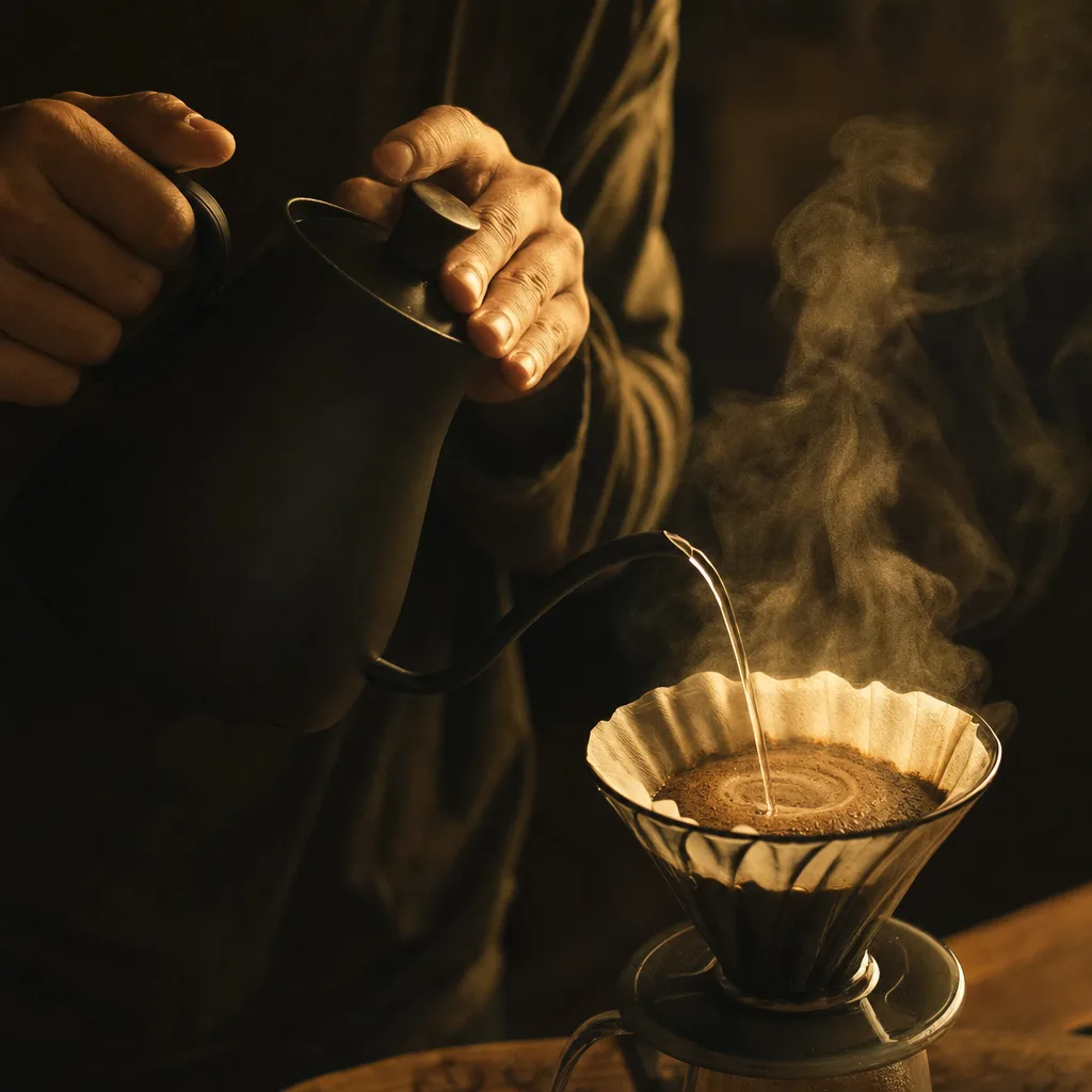 A gooseneck kettle pouring a slow spiral over a paper filter.