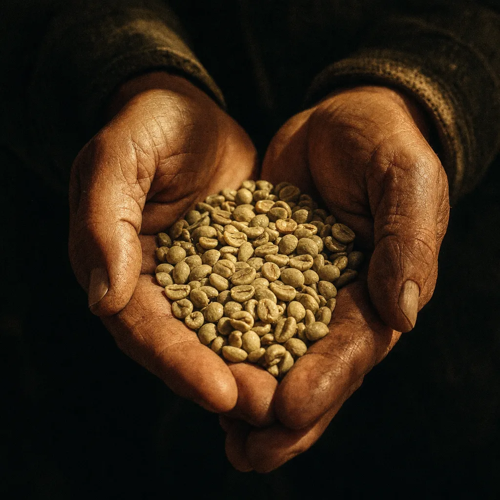 Two hands cupping unroasted green coffee beans in warm daylight.