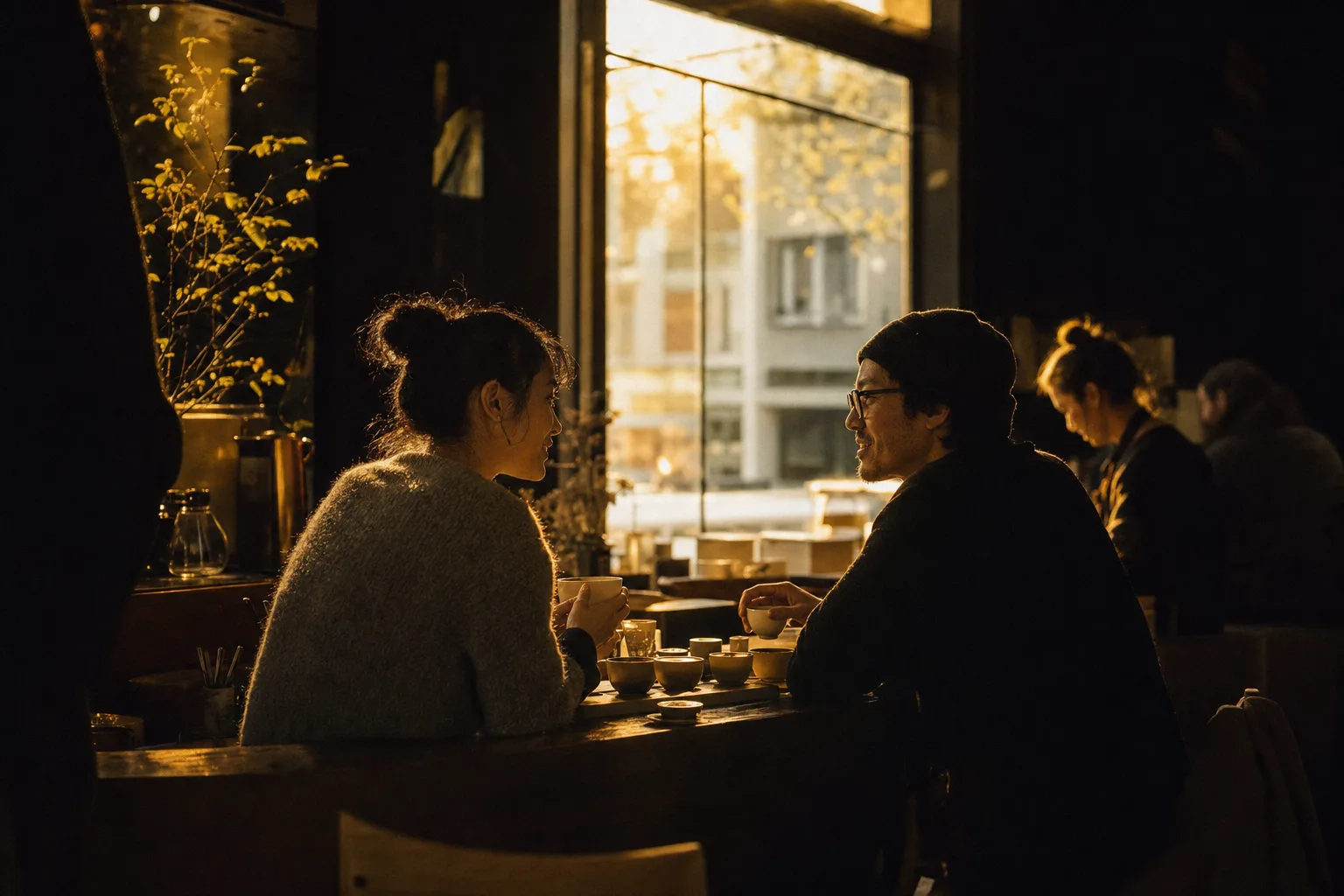 The tasting bar at golden hour, a few regulars mid-conversation.